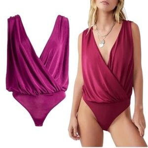 NEW Intimately Free People Night Owl Deep V Bodysuit in Dark Rhubarb Sz. XS